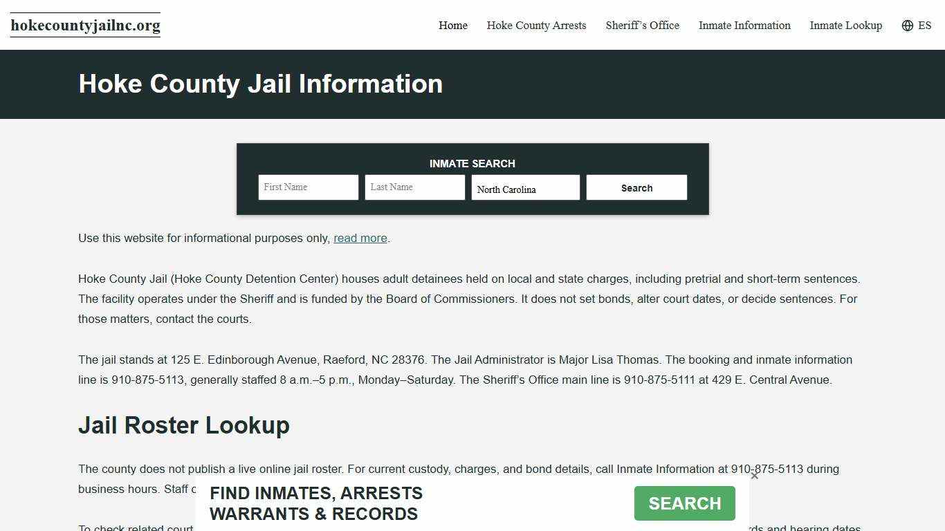 Hoke County, NC Jail Roster, Inmate Info