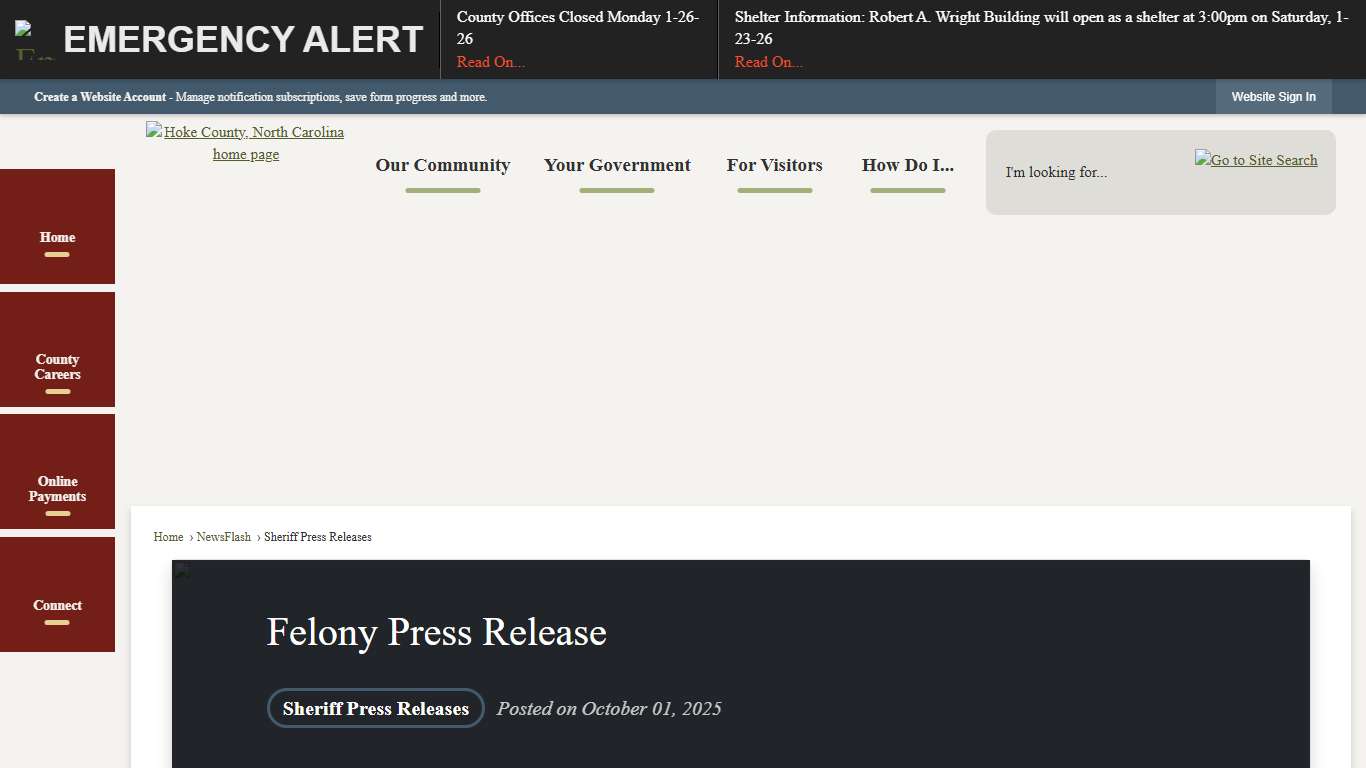 Felony Press Release • Hoke County, NC